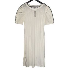 HONEY & T Women's Knit Dress Puffy Sleeves Woven Cotton Off White Size Large NWT